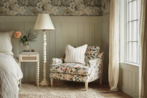 Cottage bedroom with exposed wood beam ceiling, botanical wallpaper, sage green board and batten wainscoting, floral upholstered chair with striped pillow, and beaded floor lamp