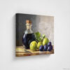 Still life oil painting canvas print featuring green grapes, dark wine bottle with cork, and blue grapes arranged on wooden surface, shown as unframed canvas print against white background