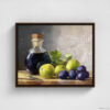 Still life oil painting framed canvas print featuring green grapes, dark wine bottle with cork, and blue grapes arranged on wooden surface, displayed in brown floating frame against white background