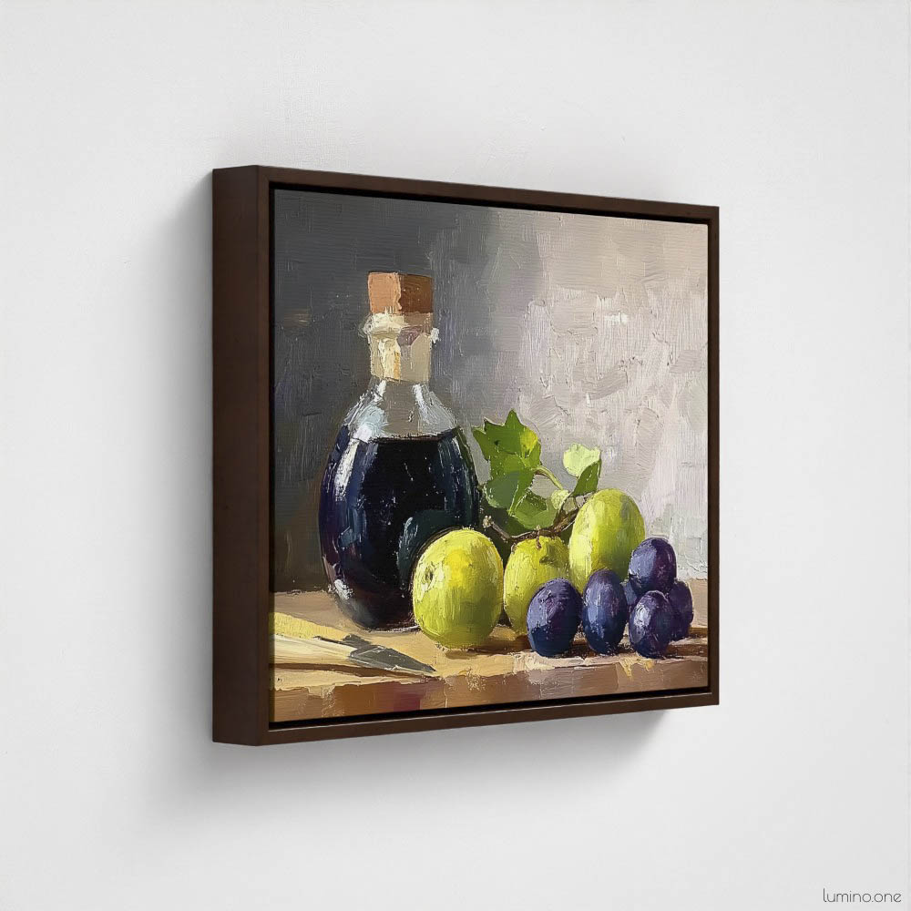 Still life oil painting framed canvas print featuring green grapes, dark wine bottle with cork, and blue grapes arranged on wooden surface, displayed in brown floating frame against white background