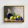 Still life oil painting framed canvas print featuring green grapes, dark wine bottle with cork, and blue grapes arranged on wooden surface, displayed in antique gold floating frame against white background