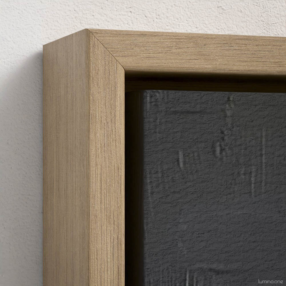 Still life oil painting framed canvas print featuring green grapes, dark wine bottle with cork, and blue grapes arranged on wooden surface, displayed in natural wood floating frame against white background