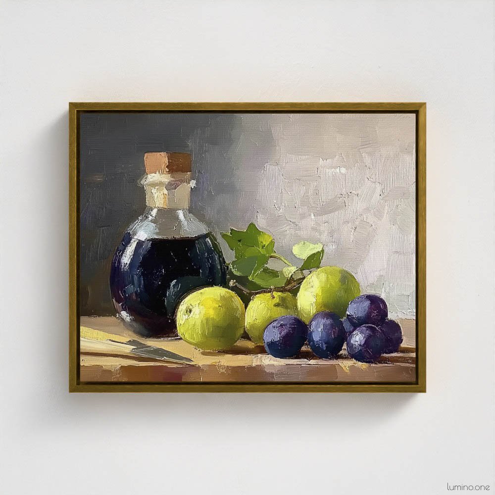Still life oil painting framed canvas print featuring green grapes, dark wine bottle with cork, and blue grapes arranged on wooden surface, displayed in antique gold floating frame against white background