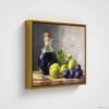 Still life oil painting framed canvas print featuring green grapes, dark wine bottle with cork, and blue grapes arranged on wooden surface, displayed in antique gold floating frame against white background