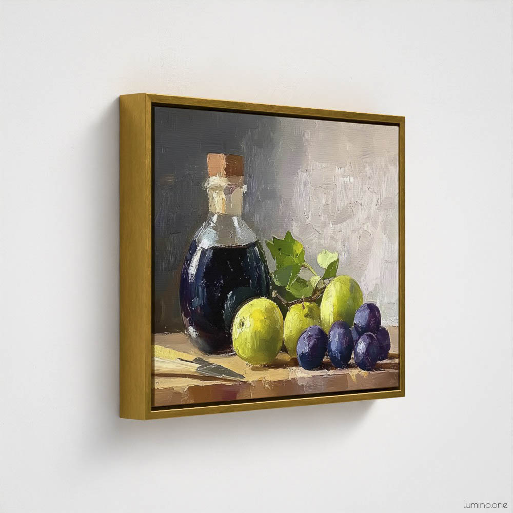 Still life oil painting framed canvas print featuring green grapes, dark wine bottle with cork, and blue grapes arranged on wooden surface, displayed in antique gold floating frame against white background