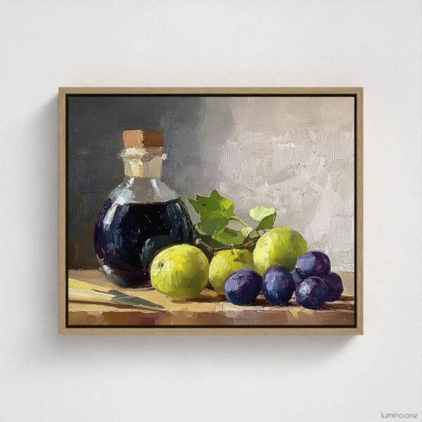 Still life oil painting framed canvas print featuring green grapes, dark wine bottle with cork, and blue grapes arranged on wooden surface, displayed in natural wood floating frame against white background