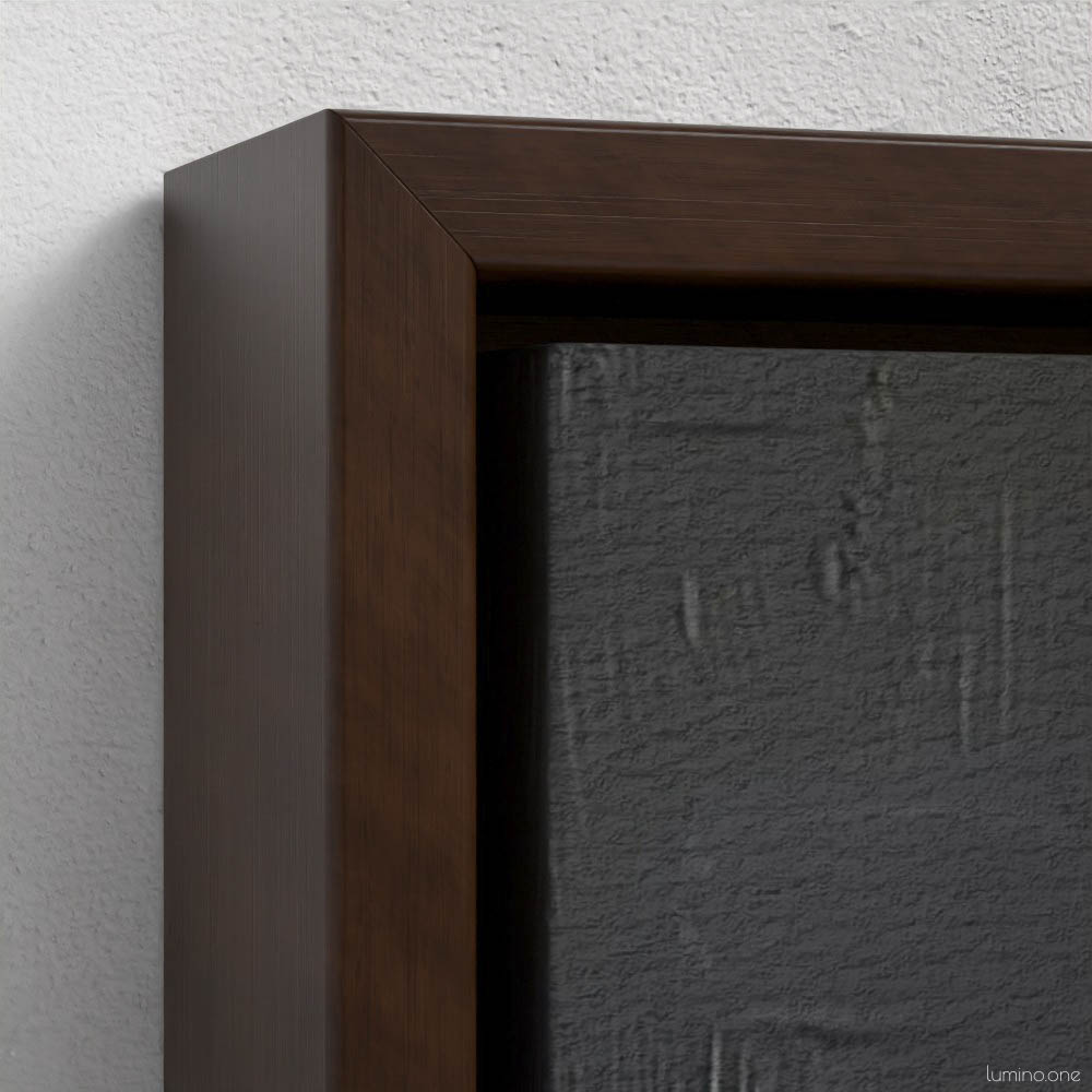 Still life oil painting framed canvas print featuring green grapes, dark wine bottle with cork, and blue grapes arranged on wooden surface, displayed in brown floating frame against white background