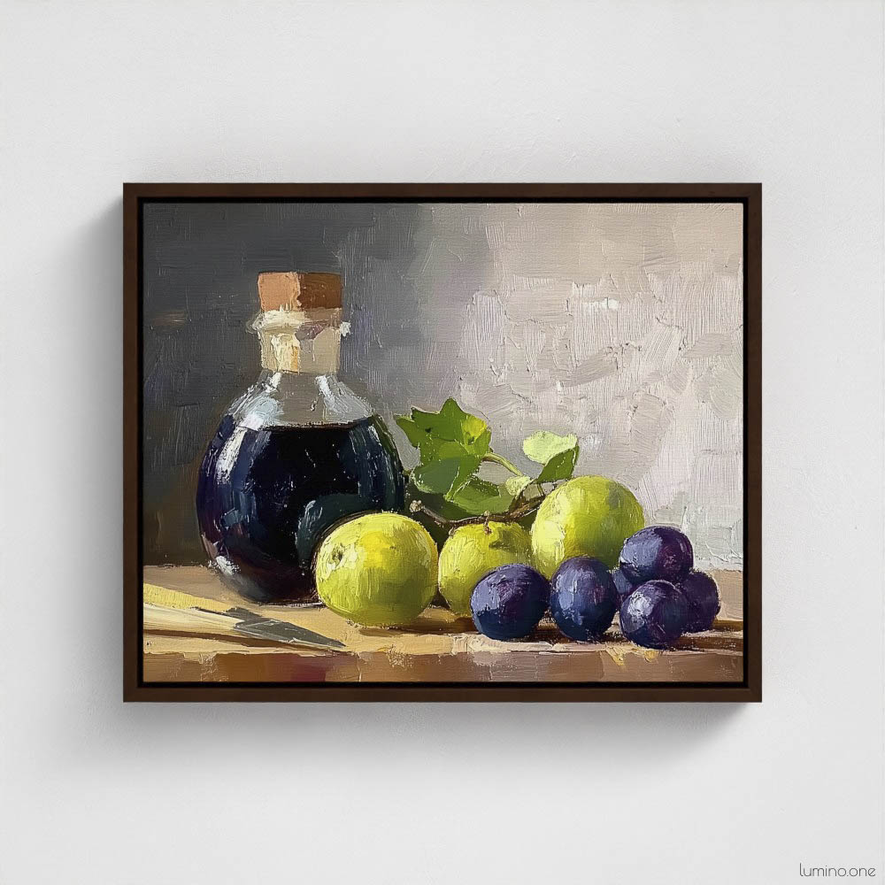 Still life oil painting framed canvas print featuring green grapes, dark wine bottle with cork, and blue grapes arranged on wooden surface, displayed in brown floating frame against white background