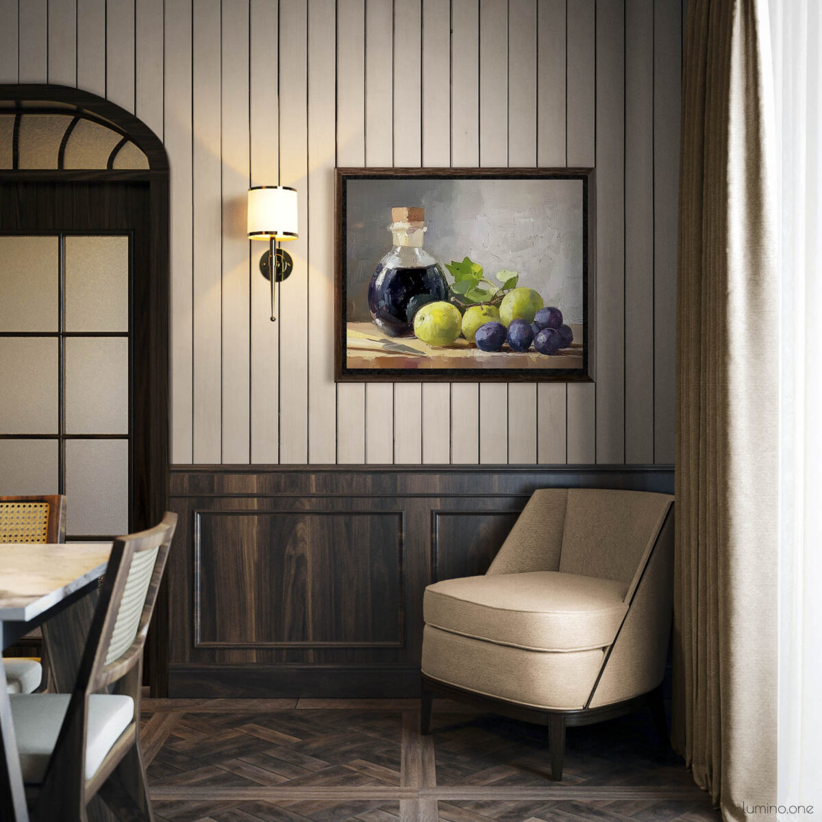 Framed still life oil painting print featuring green grapes, dark wine bottle with cork, and blue grapes arranged on wooden surface, displayed in elegant dining room with dark wood wainscoting and beige chair
