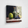 Still life oil painting canvas print featuring green apple, dark plums, and green glass bottle with cork arranged on white cloth, shown as unframed canvas print against white background