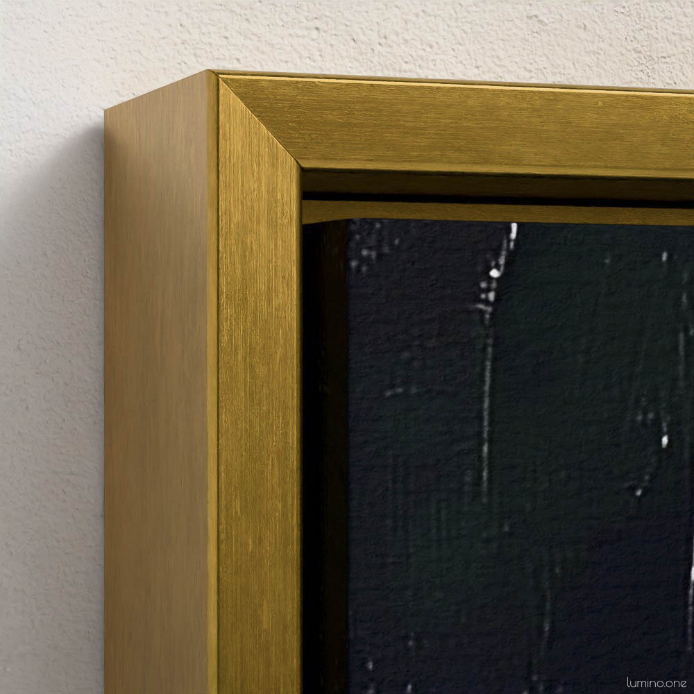 Still life oil painting framed canvas print featuring green apple, dark plums, and green glass bottle with cork arranged on white cloth, displayed in antique gold floating frame against white background