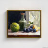 Still life oil painting framed canvas print featuring green apple, dark plums, and green glass bottle with cork arranged on white cloth, displayed in antique gold floating frame against white background