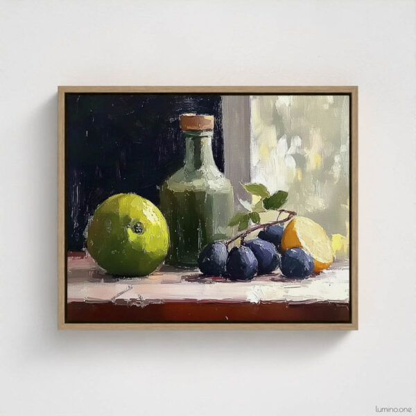 Still life oil painting framed canvas print featuring green apple, dark plums, and green glass bottle with cork arranged on white cloth, displayed in natural wood floating frame against white background