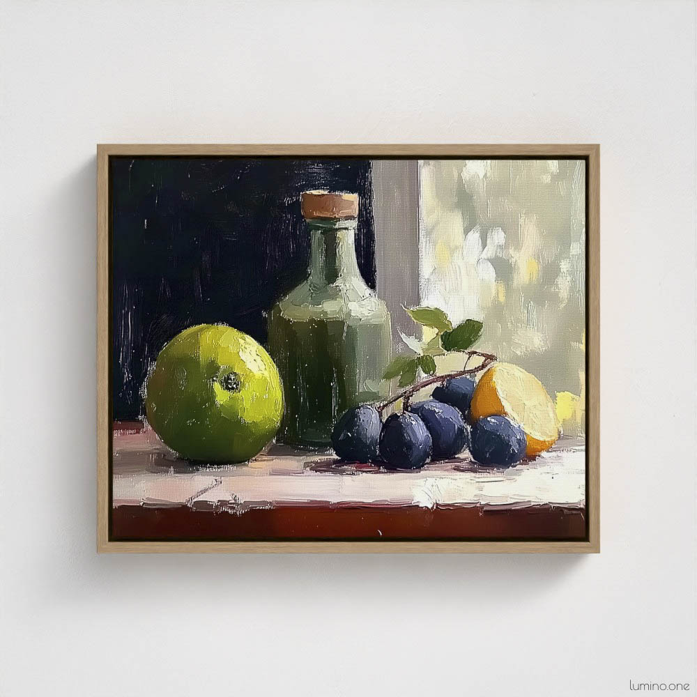 Still life oil painting framed canvas print featuring green apple, dark plums, and green glass bottle with cork arranged on white cloth, displayed in natural wood floating frame against white background