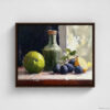 Still life oil painting framed canvas print featuring green apple, dark plums, and green glass bottle with cork arranged on white cloth, displayed in brown floating frame against white background
