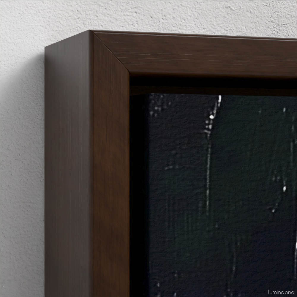 Still life oil painting framed canvas print featuring green apple, dark plums, and green glass bottle with cork arranged on white cloth, displayed in brown floating frame against white background