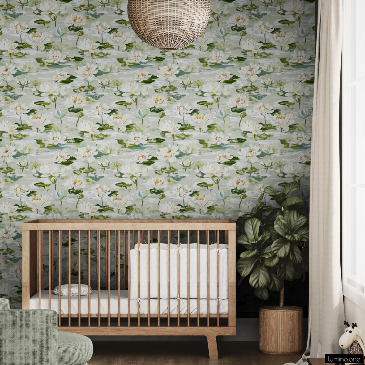 Serene nursery featuring white water lily botanical wallpaper accent wall, mid-century modern natural wood crib with white bedding, woven rattan sphere pendant light, potted fiddle leaf fig tree, and sage green ottoman creating a calming nature-inspired baby room