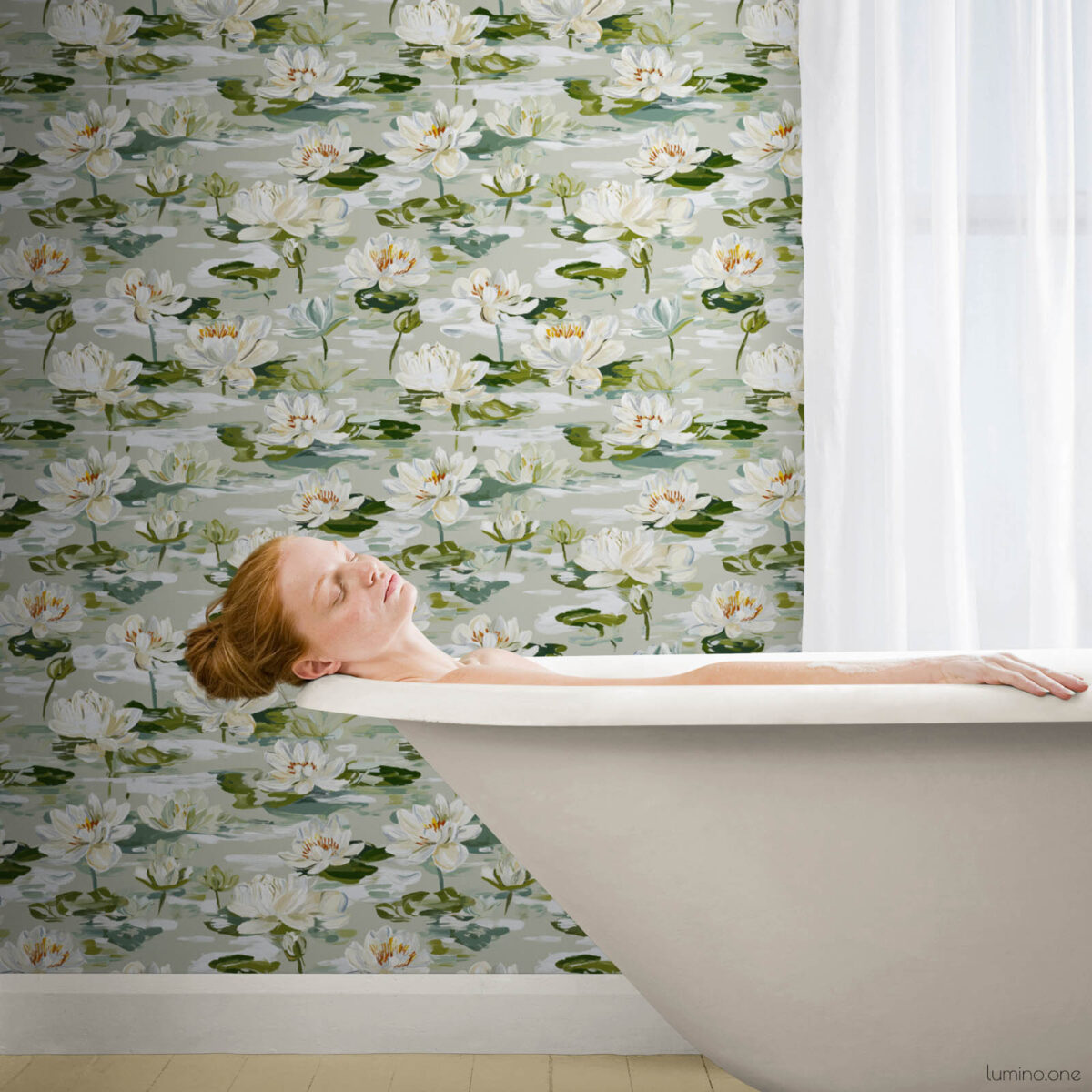 Tranquil spa bathroom with white water lily peel and stick wallpaper creating a serene atmosphere, modern freestanding white bathtub, sheer white curtains, and beige tile flooring for a relaxing botanical retreat