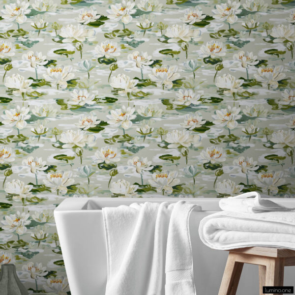 Calming bathroom featuring white water lily botanical wallpaper behind modern white freestanding bathtub with fresh towels, wooden stool, green ceramic vase, and wood plank flooring creating a peaceful spa-like retreat