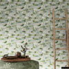 Tranquil white water lily peel and stick wallpaper styled with natural bamboo decorative ladder, round wooden tray with copper vase and dark botanical branch, green linen fabric creating a serene organic home decor aesthetic