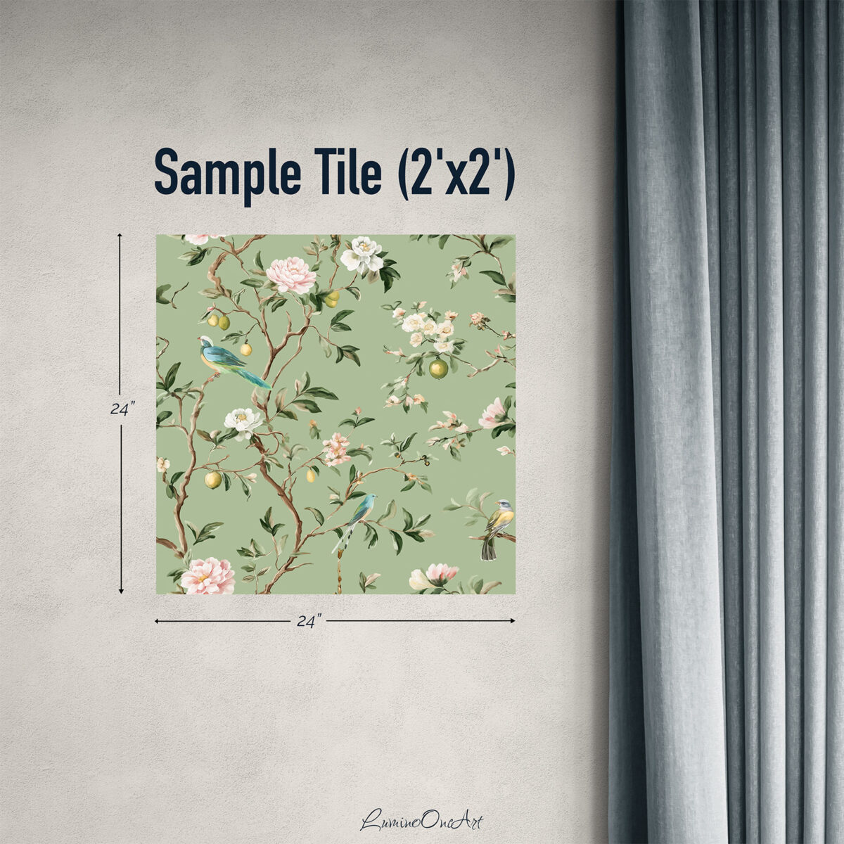 Sample tile Chinoiserie Sage Green Bird Wallpaper