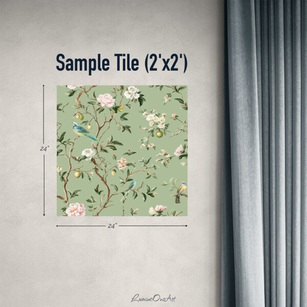 Sample tile Chinoiserie Sage Green Bird Wallpaper