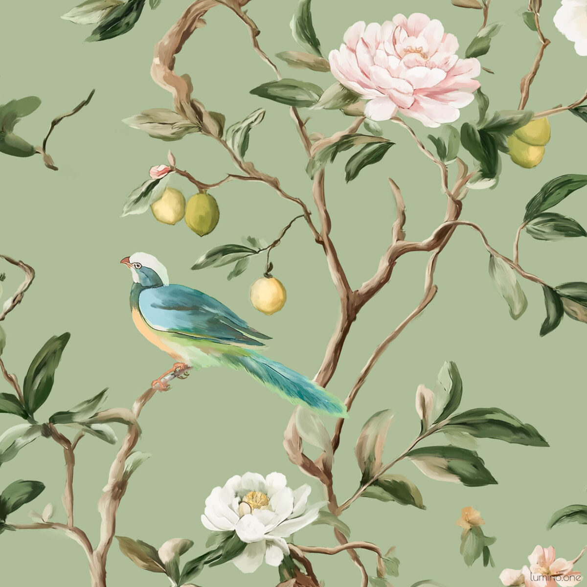 Closeup - Sage Green Chinoiserie Bird Flower Wallpaper Tile